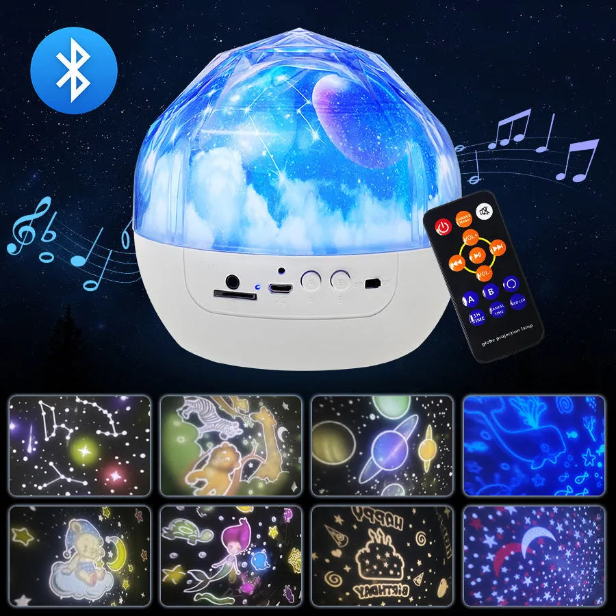 Starry sky projector night light projecting cosmic patterns, showing plastic body with push button.