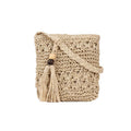 Women's handmade straw woven small crossbody bag in khaki square shape with plain pattern for summer beach use