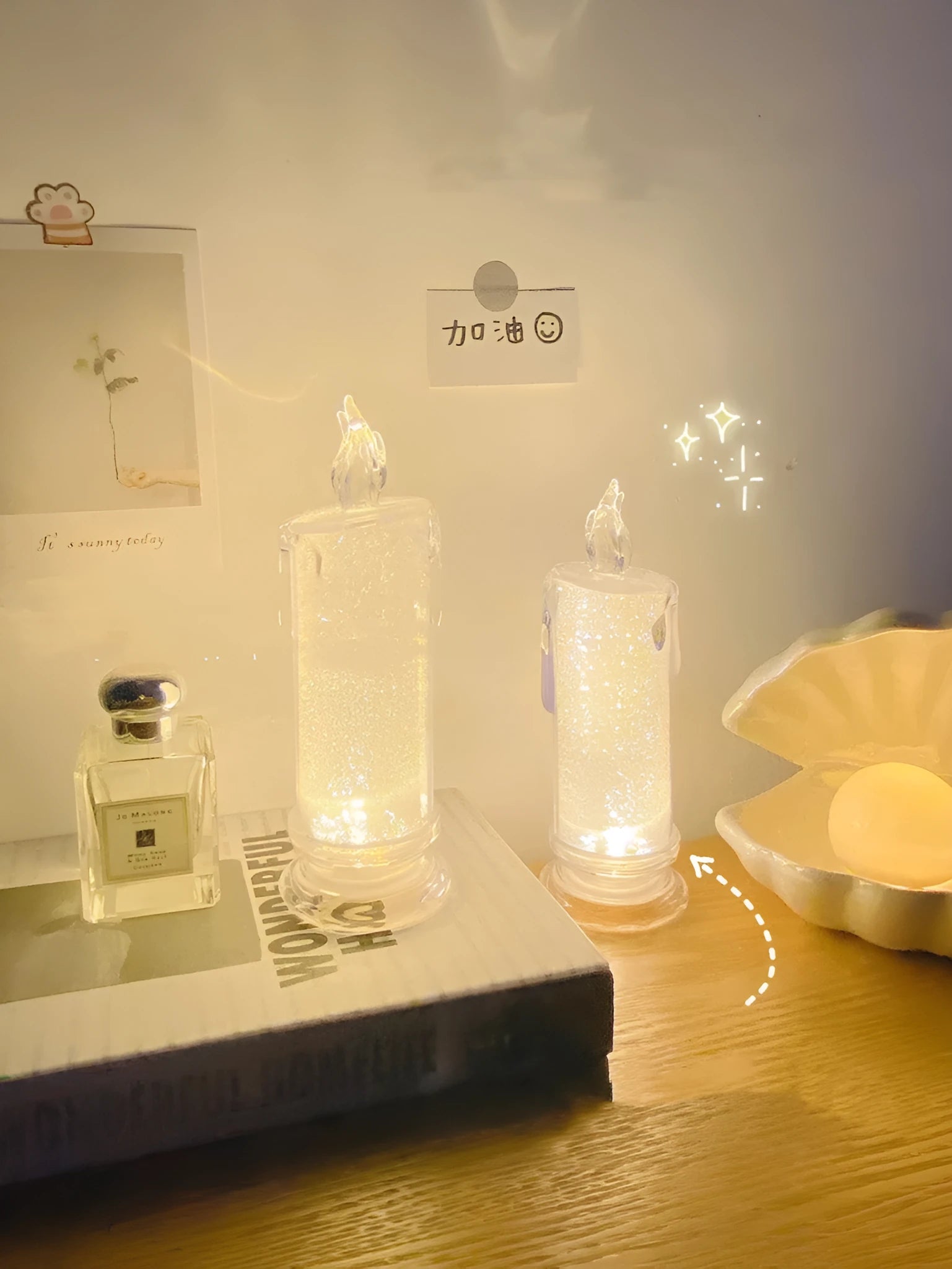 Bedside lamp with LED light showing message board design options and simulation candle night light