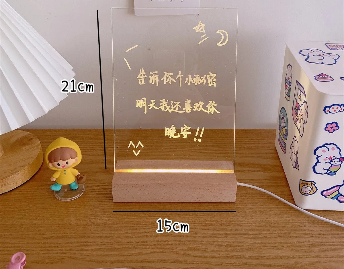 Bedside lamp with LED light showing message board design options and simulation candle night light