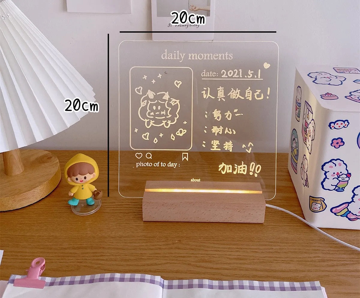 Bedside lamp with LED light showing message board design options and simulation candle night light