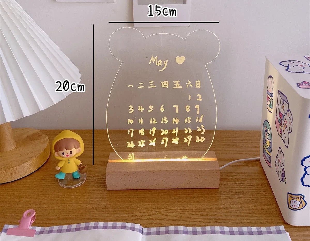 Bedside lamp with LED light showing message board design options and simulation candle night light