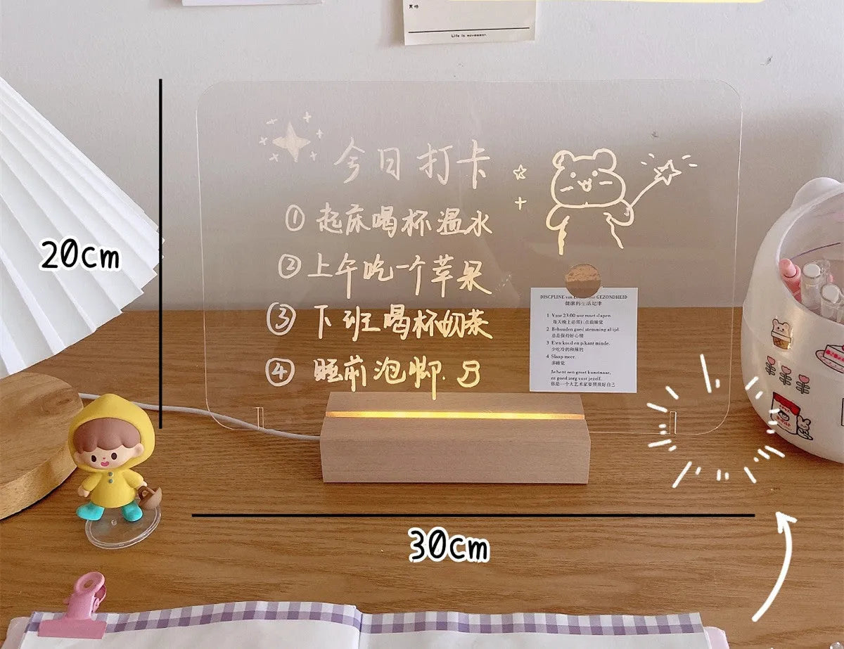 Bedside lamp with LED light showing message board design options and simulation candle night light