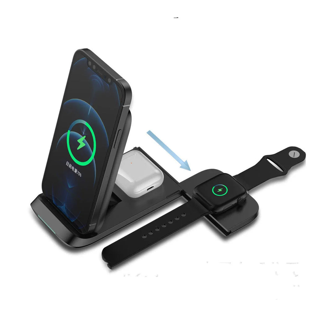 Black foldable three-in-one wireless charger showing three charging surfaces and Type-C port