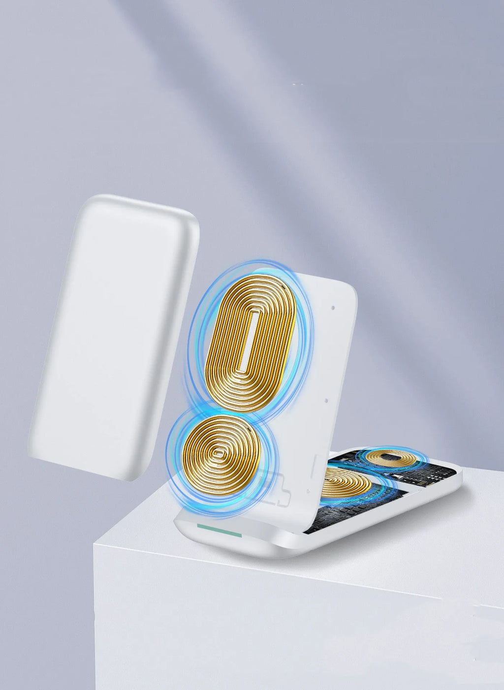 Black foldable three-in-one wireless charger showing three charging surfaces and Type-C port
