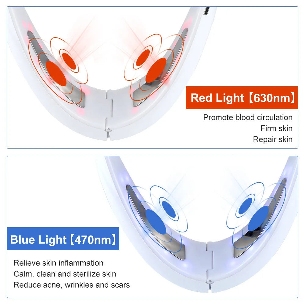 White handheld facial lifting device with red and blue light therapy functions on display.