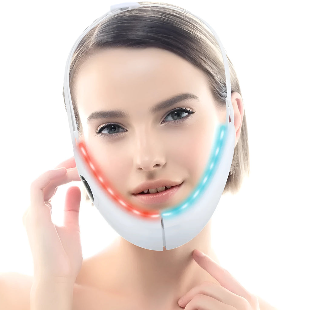 White handheld facial lifting device with red and blue light therapy functions on display.