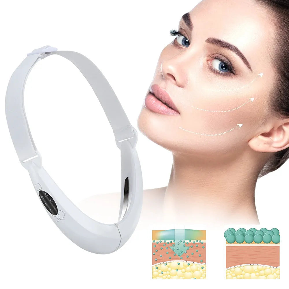 White handheld facial lifting device with red and blue light therapy functions on display.