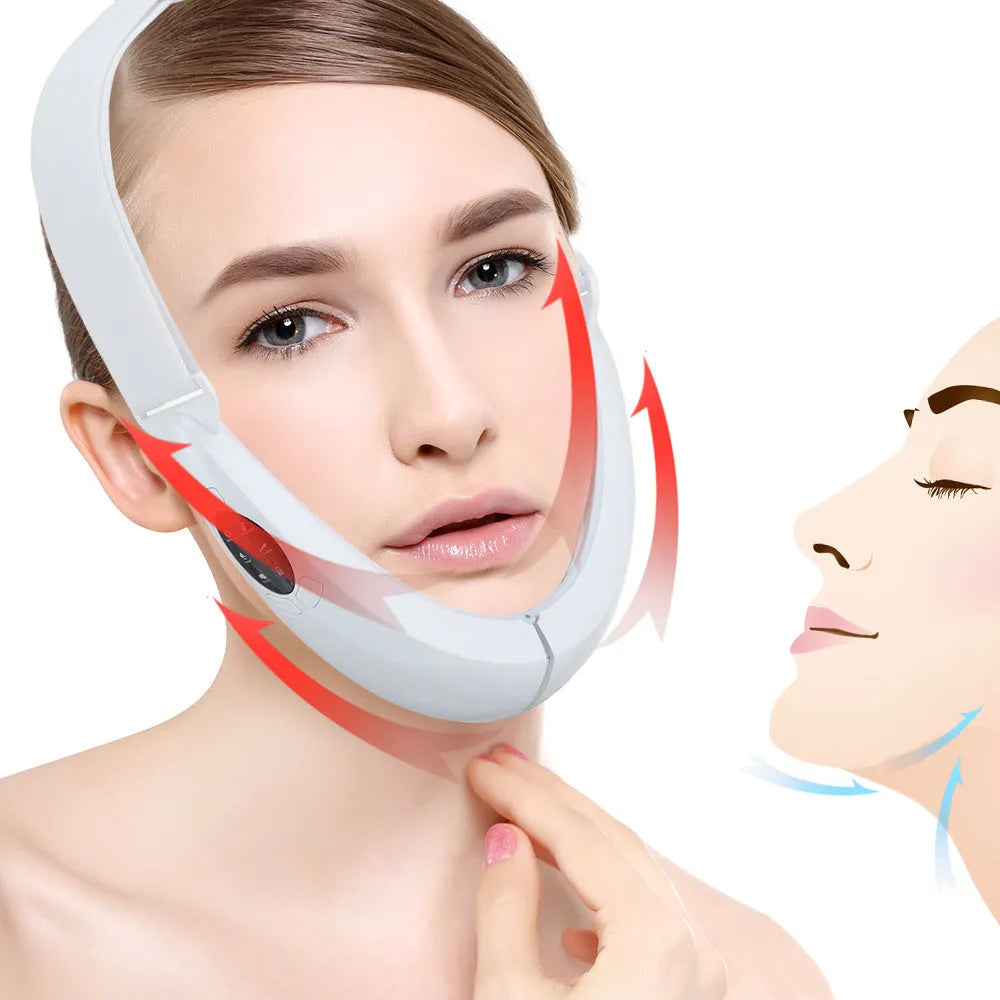 White handheld facial lifting device with red and blue light therapy functions on display.