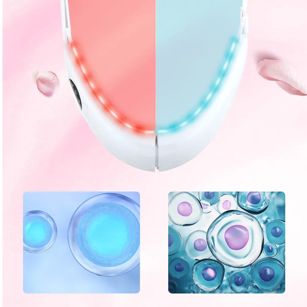 White handheld facial lifting device with red and blue light therapy functions on display.