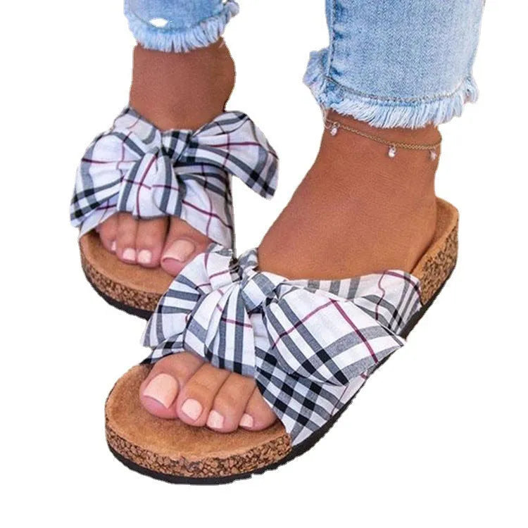 Summer ladies sandals with bowknot flat sole, breathable viscose, in white colour, side view