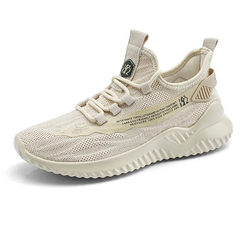 Men's white low-top mesh sports shoes with rubber sole and front laces on a plain background