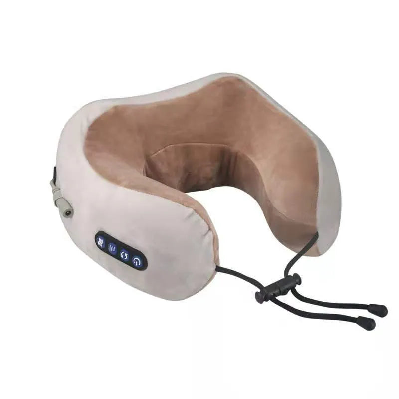 Brown U-shaped electric neck massage pillow with four circular massage heads and control buttons