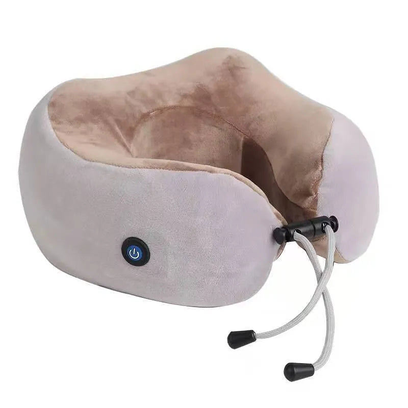 Brown U-shaped electric neck massage pillow with four circular massage heads and control buttons