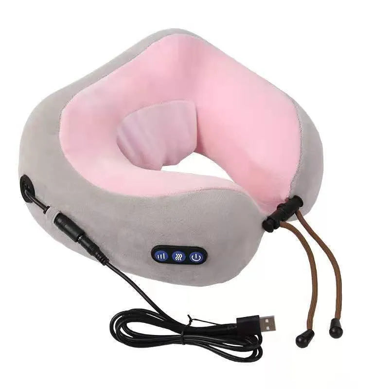 Brown U-shaped electric neck massage pillow with four circular massage heads and control buttons