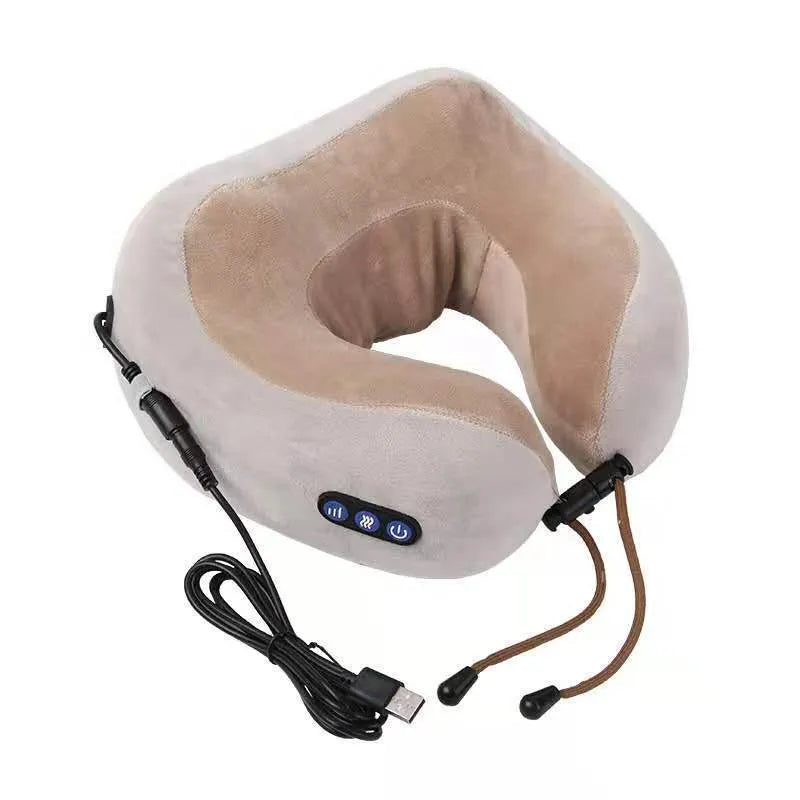 Brown U-shaped electric neck massage pillow with four circular massage heads and control buttons