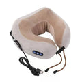 Brown U-shaped electric neck massage pillow with four circular massage heads and control buttons