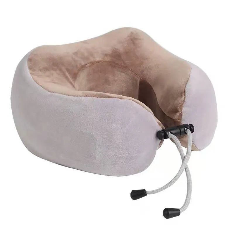 Brown U-shaped electric neck massage pillow with four circular massage heads and control buttons