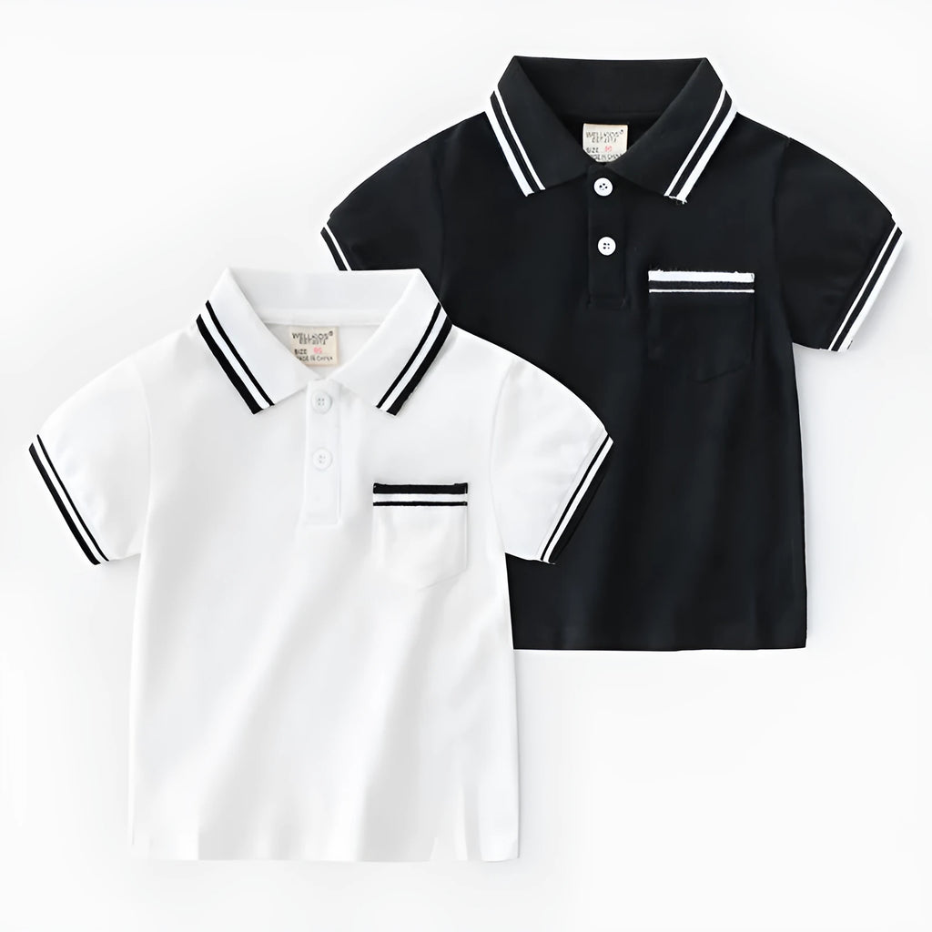 Boys' plain cotton polo shirt with short sleeves and round neck in white or black colours
