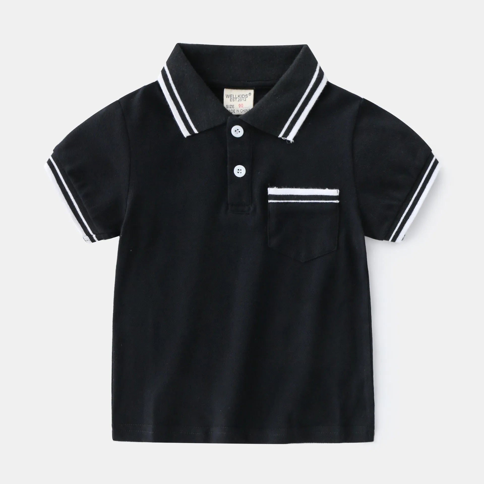 Boys' plain cotton polo shirt with short sleeves and round neck in white or black colours