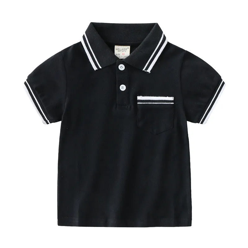 Boys' plain cotton polo shirt with short sleeves and round neck in white or black colours