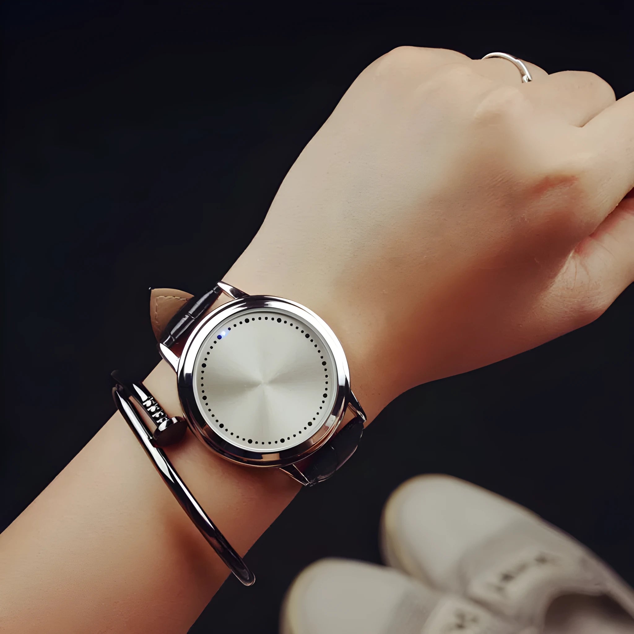 Electronic casual watch with blue LED digital display in black or white colour options