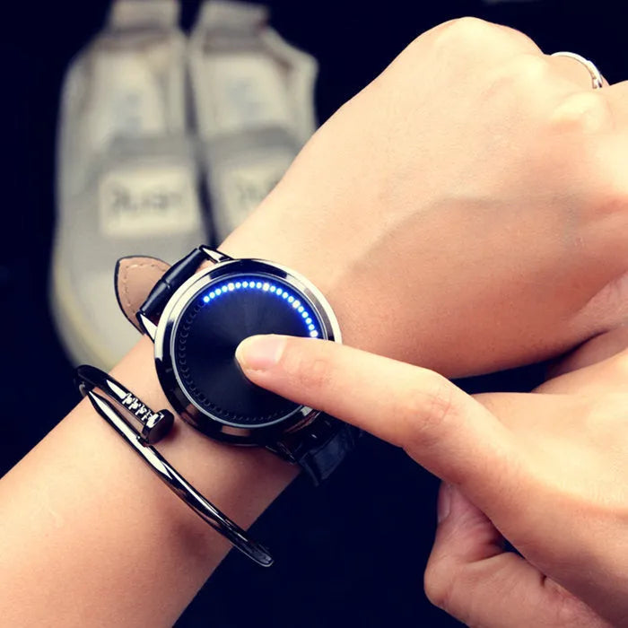 Electronic casual watch with blue LED digital display in black or white colour options