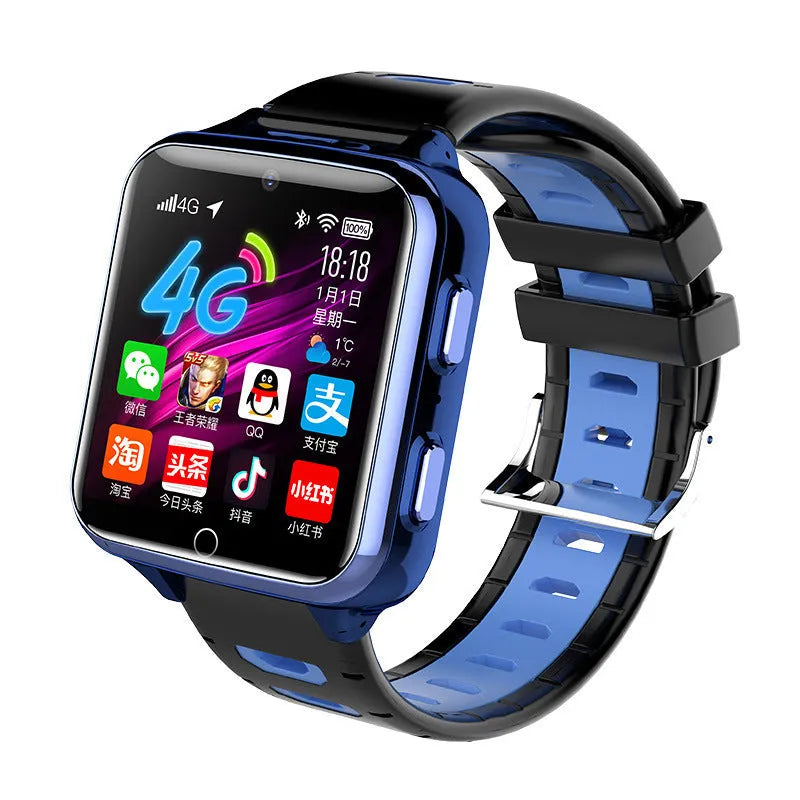 Children's smartwatch with touch screen, silicone sports strap, and face recognition camera in black, blue, or pink