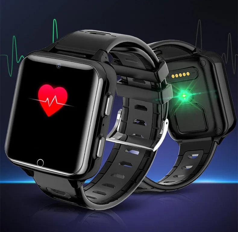 Children's smartwatch with touch screen, silicone sports strap, and face recognition camera in black, blue, or pink