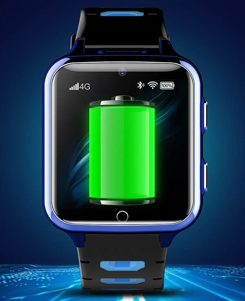 Children's smartwatch with touch screen, silicone sports strap, and face recognition camera in black, blue, or pink