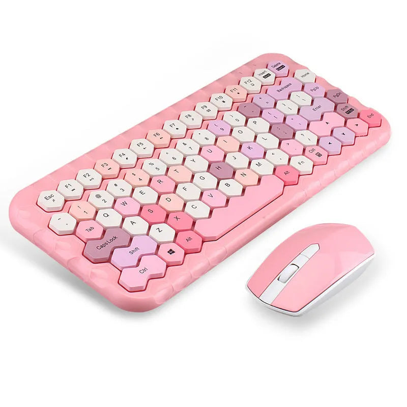 Girl Heart wireless keyboard and mouse set in pink, blue, and green colour options on a desk