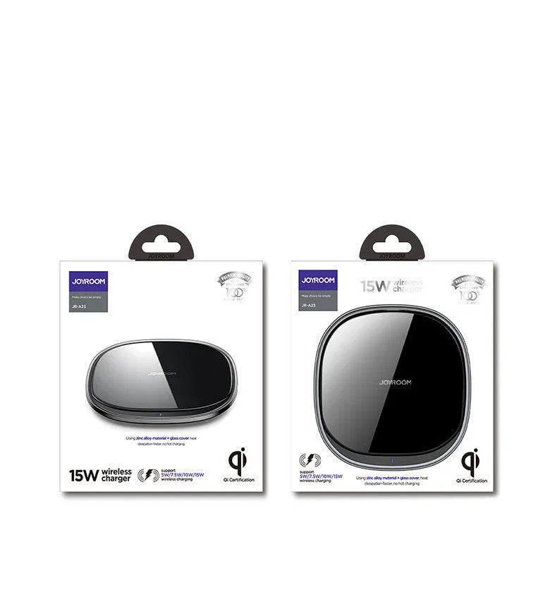 Black or white 15W wireless charger with a glass top and zinc alloy body on a desk.