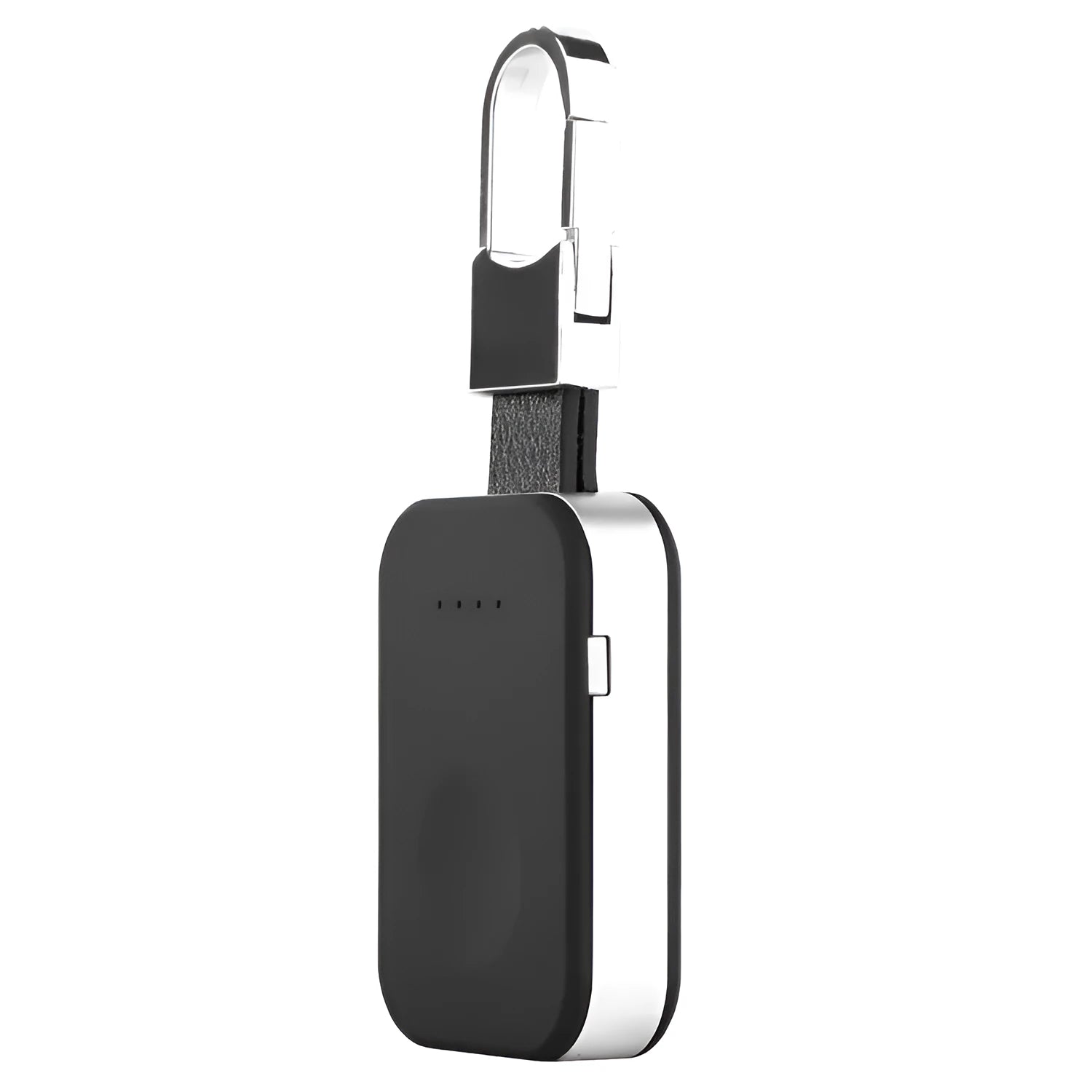 Black Apple Watch wireless charging power bank on a keyring, showing compact size.