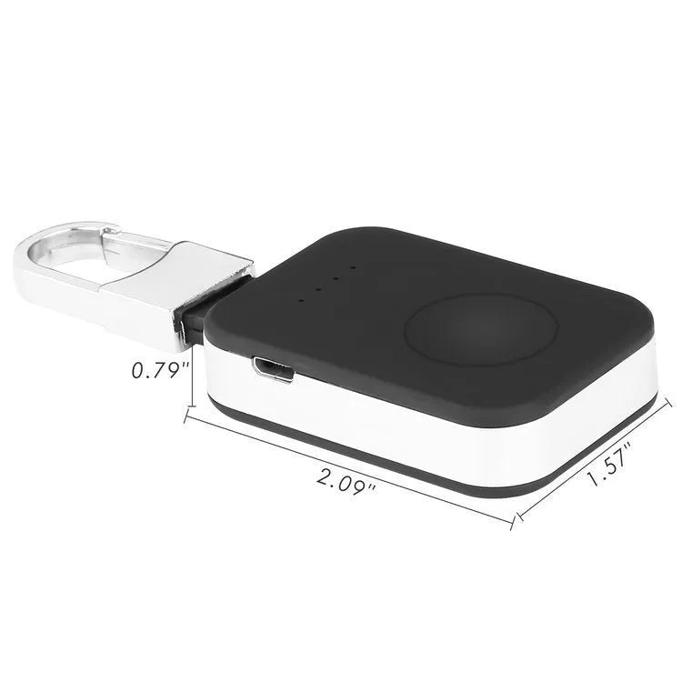 Black Apple Watch wireless charging power bank on a keyring, showing compact size.
