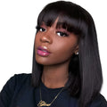 Unice Hair 10 inch black human hair wig with headgear on display