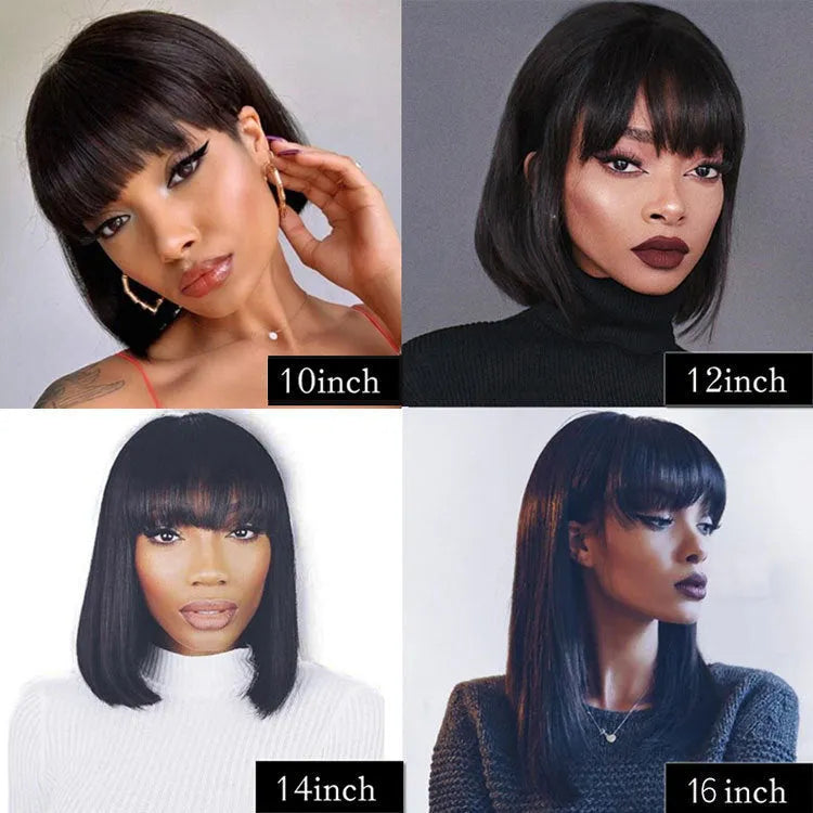 Unice Hair 10 inch black human hair wig with headgear on display