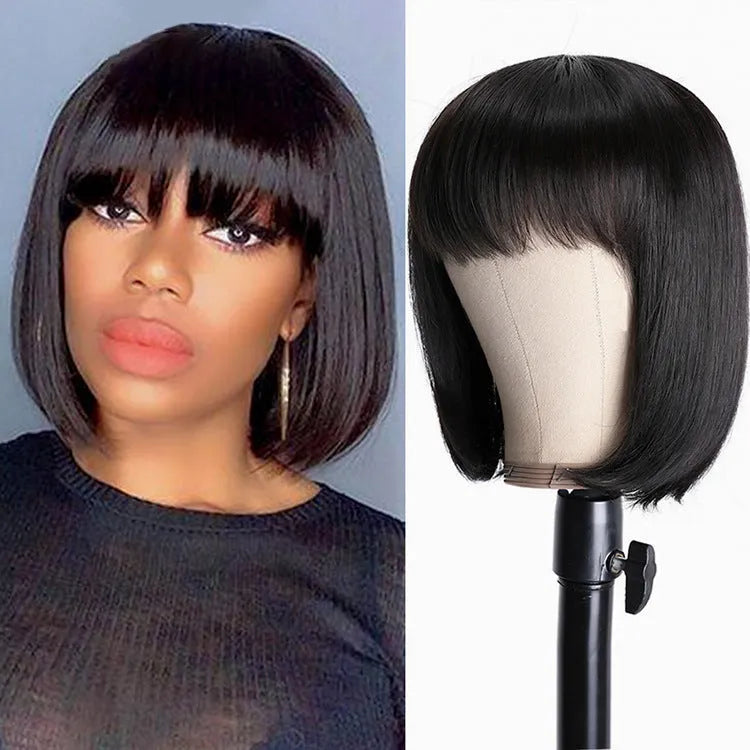 Unice Hair 10 inch black human hair wig with headgear on display