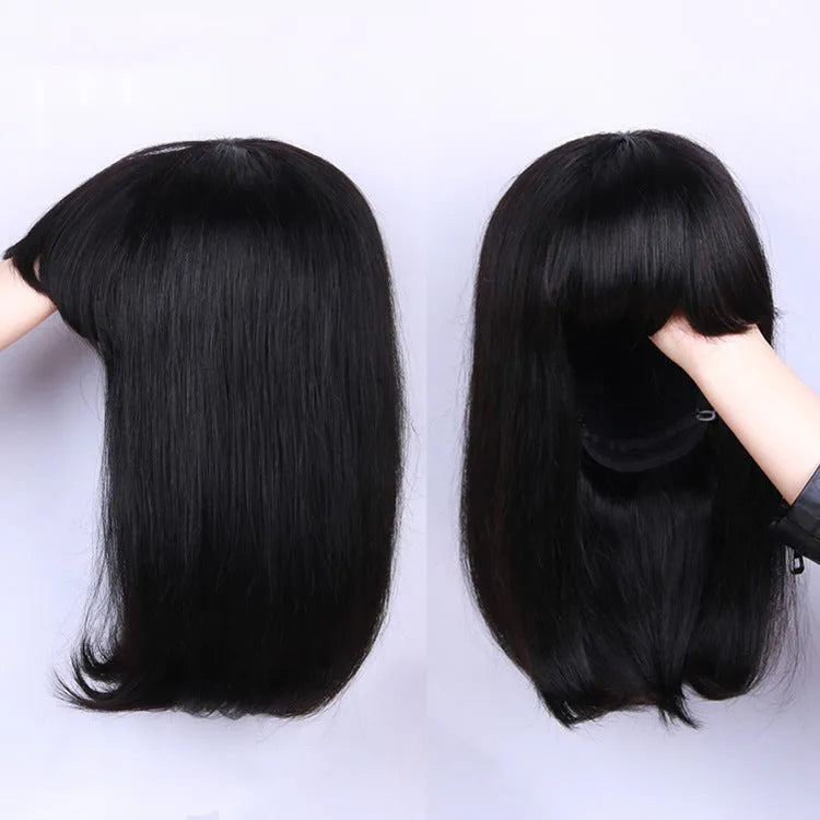 Unice Hair 10 inch black human hair wig with headgear on display