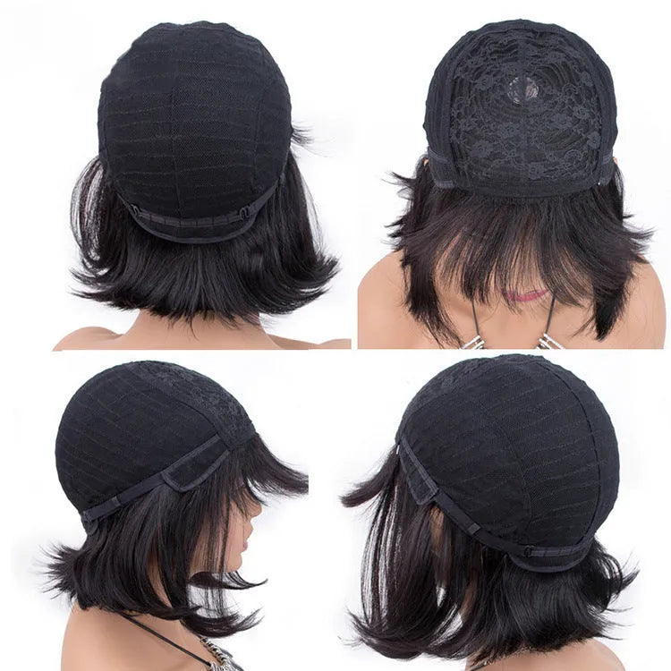 Unice Hair 10 inch black human hair wig with headgear on display