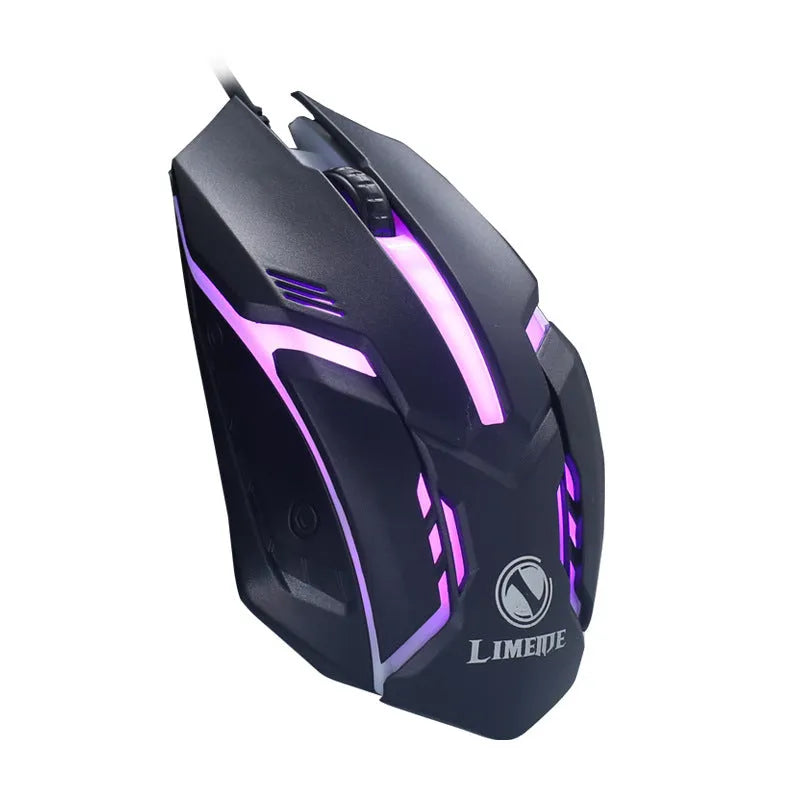 Wired USB mouse with luminous effect in black or white colours, showing 1600 DPI resolution and 1.3m cable