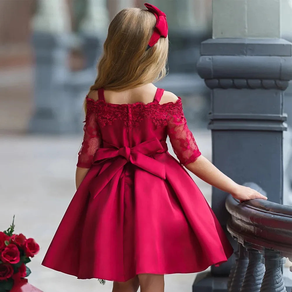 Girls simple style dress with lace features in colours red, pink, white, or green.
