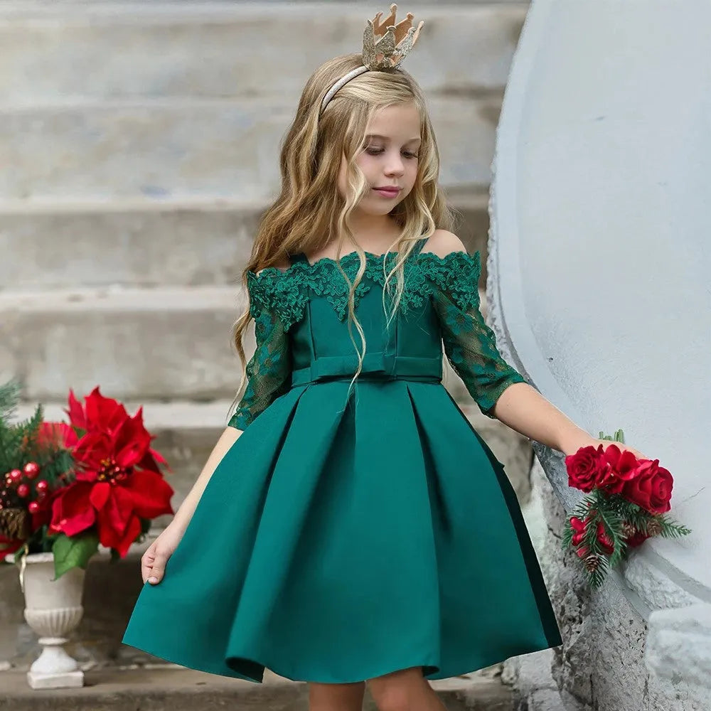 Girls simple style dress with lace features in colours red, pink, white, or green.