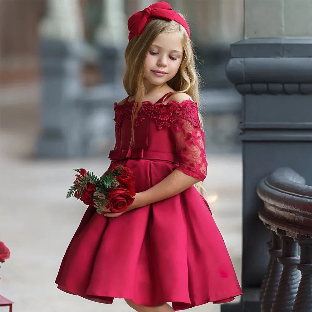 Girls simple style dress with lace features in colours red, pink, white, or green.