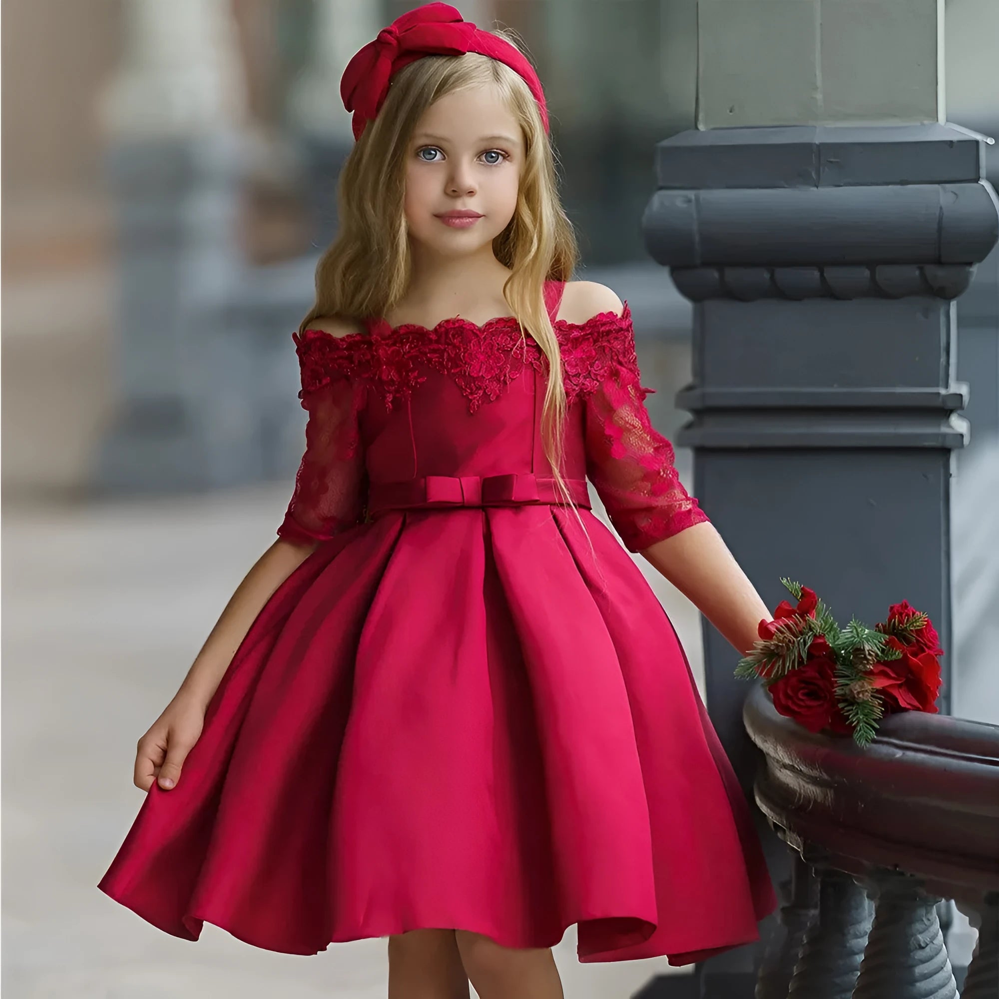 Girls simple style dress with lace features in colours red, pink, white, or green.