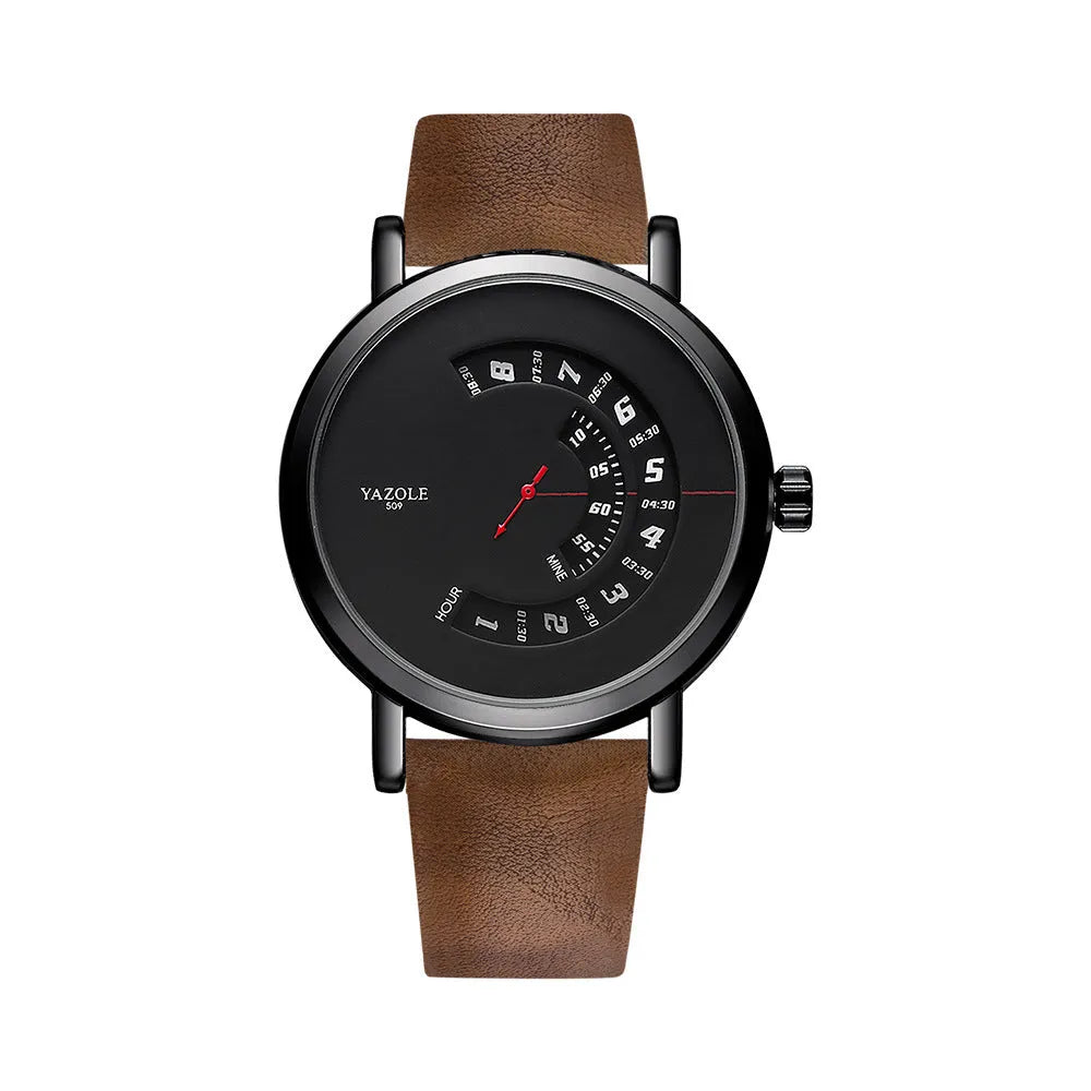 Men's waterproof quartz watch with turntable dial, mineral glass, and metal strap
