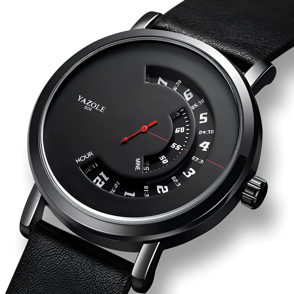Men's waterproof quartz watch with turntable dial, mineral glass, and metal strap
