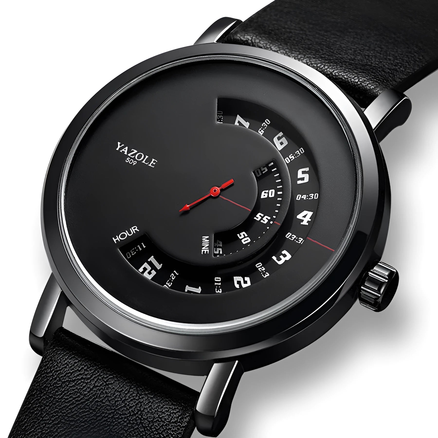 Men's waterproof quartz watch with turntable dial, mineral glass, and metal strap