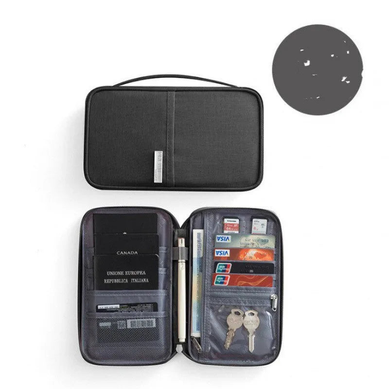 Waterproof cationic fabric passport cover in navy blue, shown next to a passport and an A4 document.