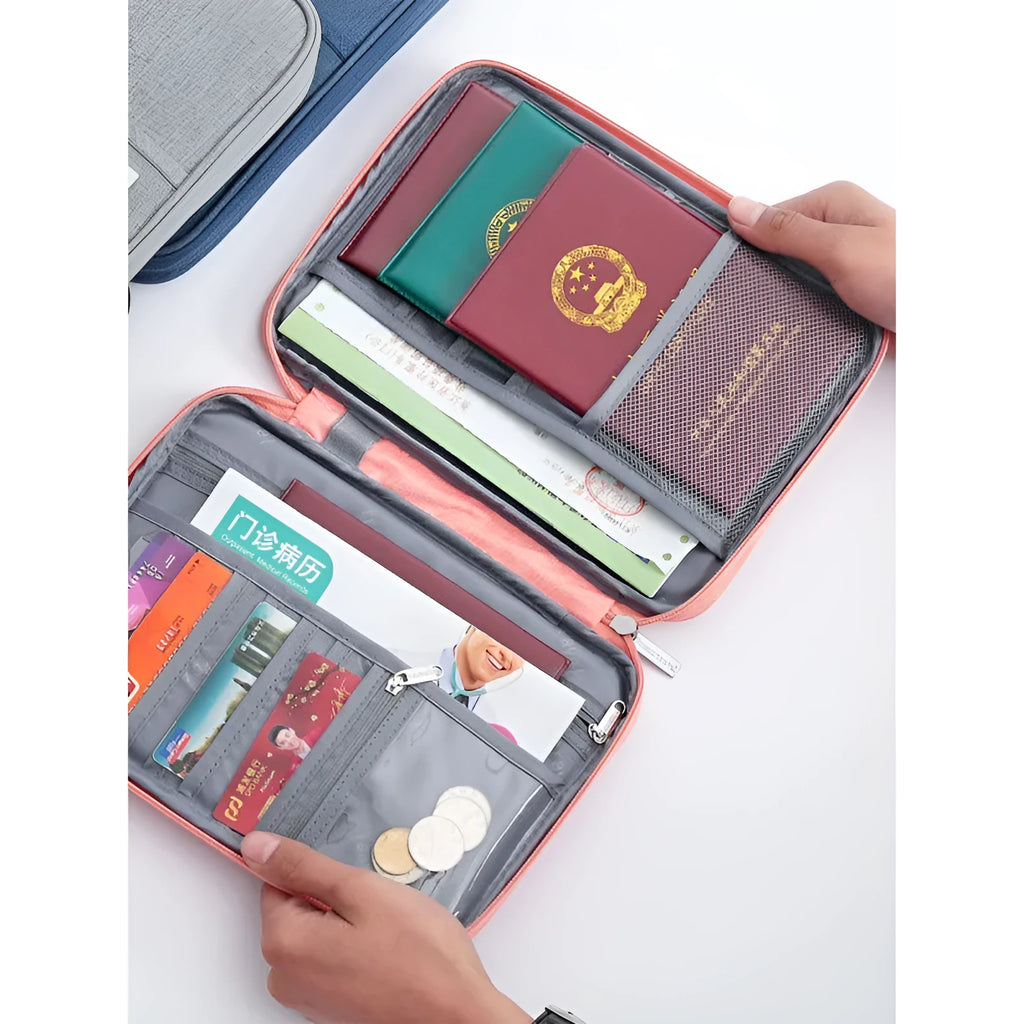 Waterproof cationic fabric passport cover in navy blue, shown next to a passport and an A4 document.