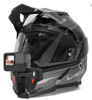 Black motorcycle helmet chin strap mount for GoPro and sports cameras with adjustable bracket
